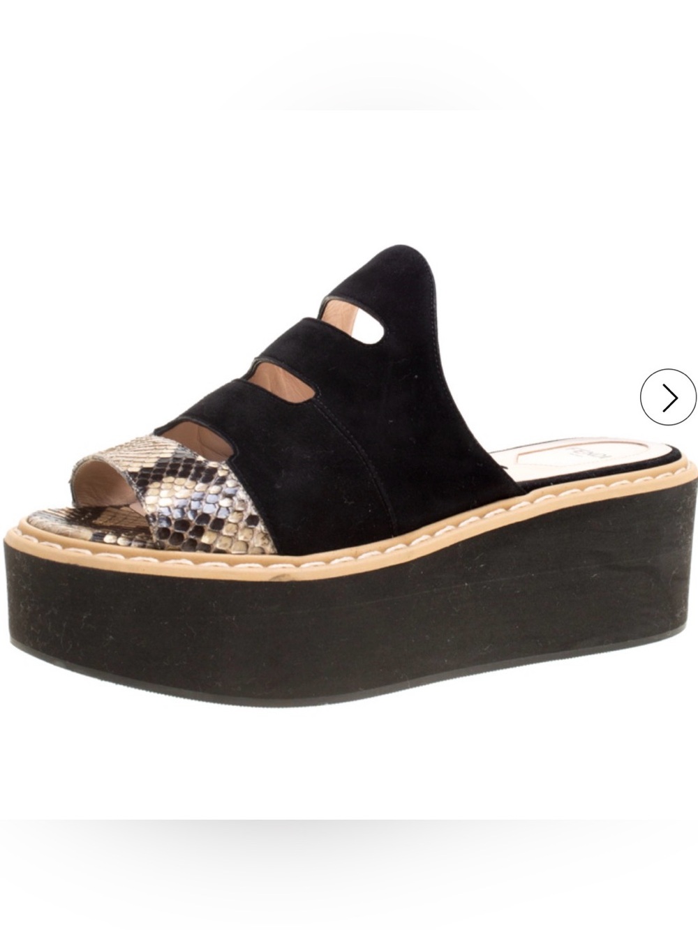 Fendi Black suede and python leather Flowerland Runway platform slides size 37